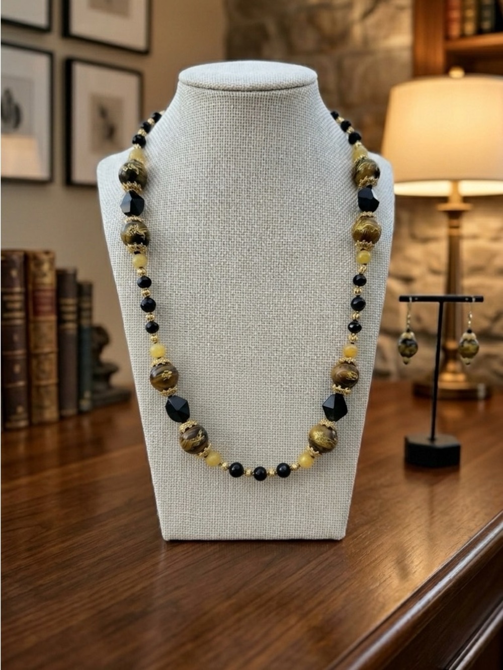 Handcrafted Black & 24 kt Inlay Gold Beaded Necklace with Matching Earrings